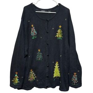 Vintage Christmas Tree Embroidered Button Up Cardigan Sweater Crystal Kobe 3X‎